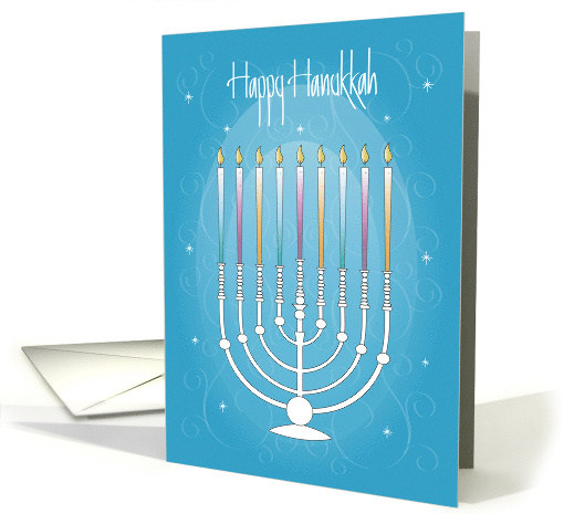 Hand Lettered Hanukkah with White Menorah and Colorful Candles card