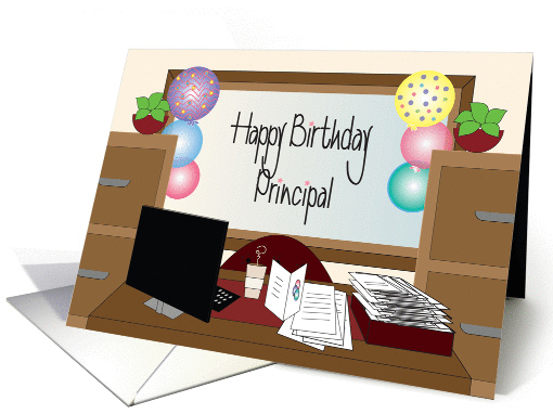 Birthday for Principal, Desk with Computer, Coffee and Balloons card