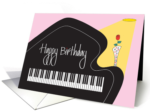 Birthday for Musician, Baby Grand Piano with Rose and Vase card