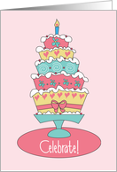 Birthday Stacked Cake, Celebrate with Hearts, Flowers & Bow card