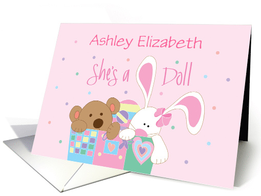 Baby Girl Congratulations, Custom Name with Bunny & Bear card