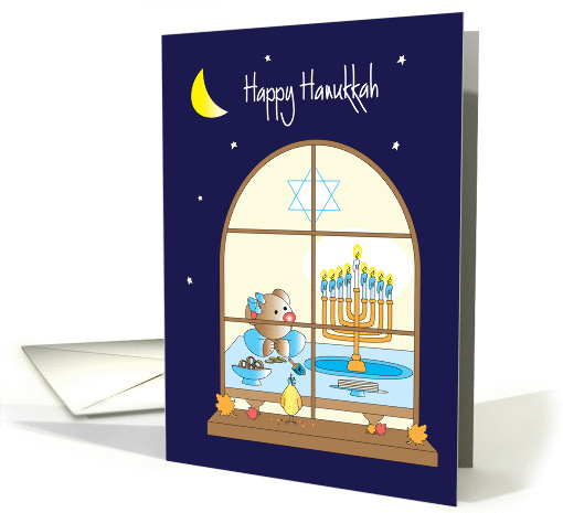 Hanukkah for Kids, Window Scene with Girl, Menorah & Dreidel card