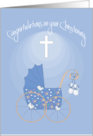 Christening for Boy, with Stroller, Baby Shoes and Cross card