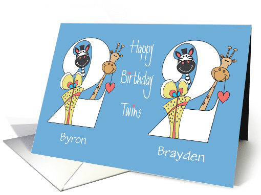 Birthday for 2 Year Old Twin Boys, Custom Names & Zoo Animals card