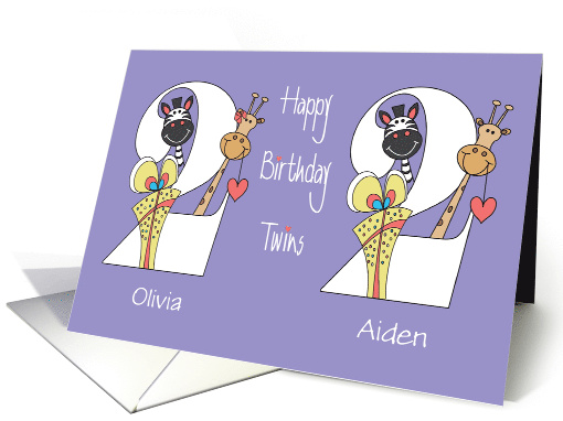 Birthday for 2 Year Old Boy & Girl Twins, Custom Names & Animals card