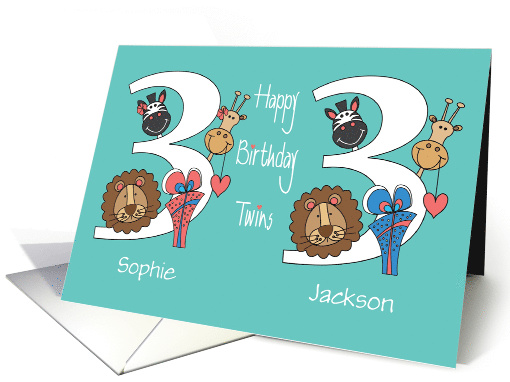 Birthday for 3 Year Old Boy & Girl Twins, Custom Names & Animals card