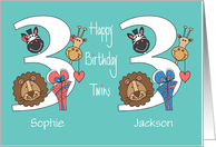 Birthday for 3 Year Old Boy & Girl Twins, Custom Names & Animals card