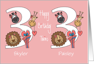 Birthday for 3 Year Old Girl Twins, Custom Names & Zoo Animals card