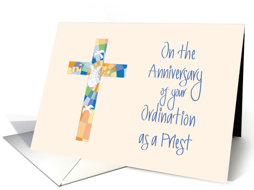 Anniversary of Ordination of Priest, Stained Glass Cross card