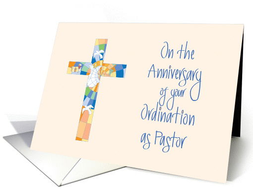 Anniversary of Ordination of Pastor, Stained Glass Cross card