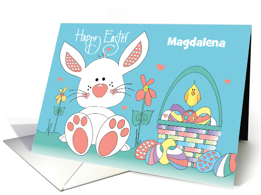 Easter White Bunny with Decorated Egg Basket with Custom Name card