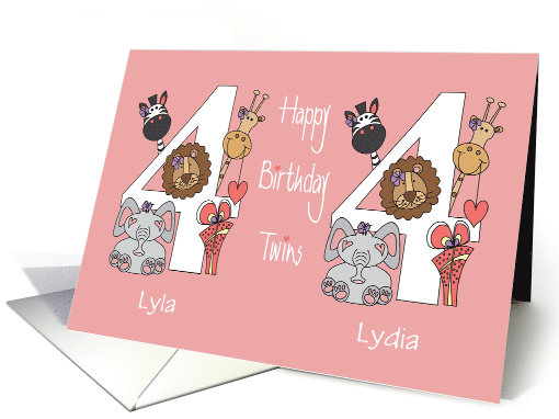 Birthday for 4 Year Old Twin Girls, Custom Names & Zoo Animals card