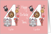 Birthday for 4 Year Old Twin Girls, Custom Names & Zoo Animals card
