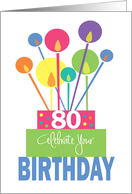 Birthday for 80 Year Old, Tall Thin Candles of Bright Stacked Cake card