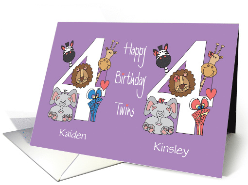 Birthday 4 Year Boy & Girl Twins, Custom Names & Zoo Animals card