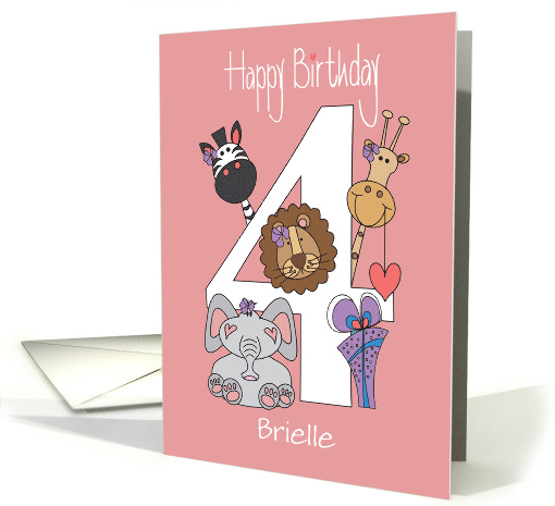 Birthday for 4 Year Old Girl with Custom Name & Zoo Animals card