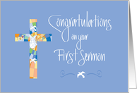 First Sermon Congratulations, Stained Glass Cross on Blue card