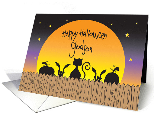 Halloween for Godson, Cat and Pumpkin Silhouettes on Fence card