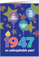 Birthday for 1947, An Unforgettable Year with Balloons & Stars card