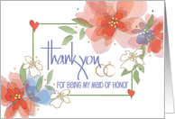 Hand Lettered Thank you Maid of Honor in Wedding Watercolor Flowers card