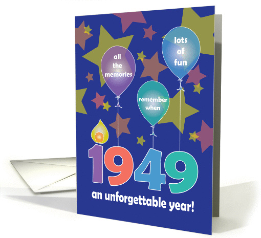 Birthday for 1949, An Unforgettable Year with Balloons & Stars card