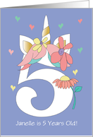 Five Year Old Unicorn Number Five with Golden Horn and Custom Name card