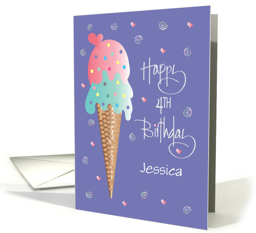 Hand Lettered Ice Cream Cone 4th Birthday with Custom Name card