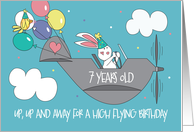 7th Birthday With White Bunny Flying Plane with Party Hat and Balloons card