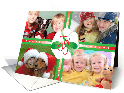 Hand Lettered Christmas Joy, Four Custom Photos, Bow & Ribbons card