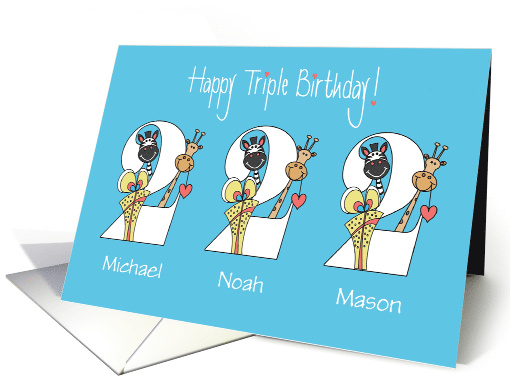 2nd Birthday for Boy Triplets, Zoo Animals with Custom Names card