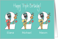 2nd Birthday for Triplets, 2 Boys & 1 Girl Custom Names & Animals card