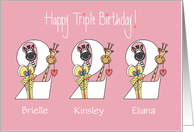 2nd Birthday for Triplets, 3 Girls, with Custom Names & Zoo Animals card