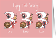 3rd Birthday for Triplets, 3 Girls, with Custom Names & Zoo Animals card