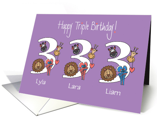 3rd Birthday Triplets, 2 Girls & 1 Boy, Custom Names & Animals card
