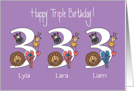 3rd Birthday Triplets, 2 Girls & 1 Boy, Custom Names & Animals card