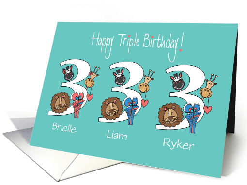 3rd Birthday Triplets, 2 Boys & 1 Girl, Custom Names & Animals card