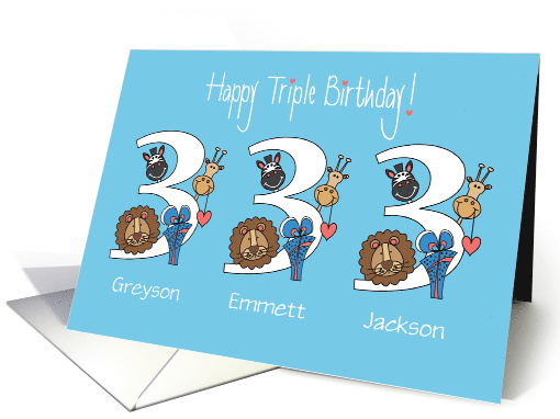 3rd Birthday Triplets, 3 Boys, Custom Names & Zoo Animals card