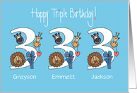 3rd Birthday Triplets, 3 Boys, Custom Names & Zoo Animals card