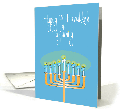 First Hanukkah as Family, Candle Filled Menorah & Hand lettering card