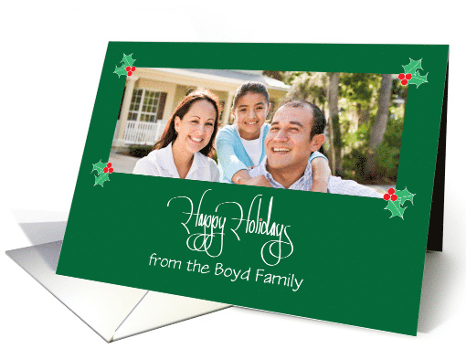 Christmas with Custom Photo & Name, Holly & Berry Ornamentation card