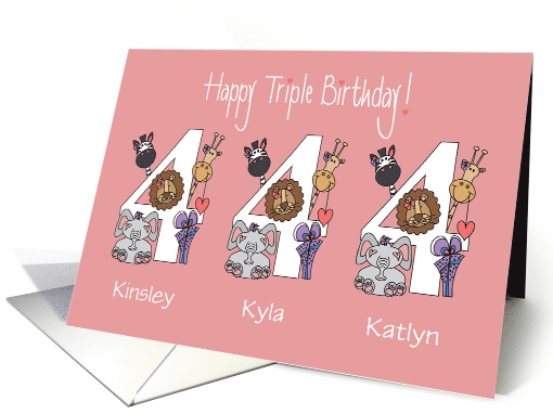 Birthday 4 Year Old Girl Triplets, Custom Names & Zoo Animals card
