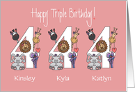 Birthday 4 Year Old Girl Triplets, Custom Names & Zoo Animals card