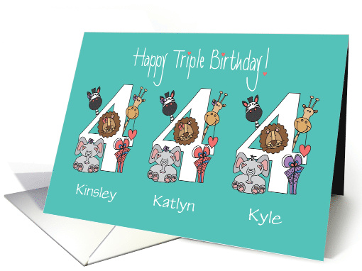 Birthday 4 Year Old Triplets, 2 Girls & 1 Boy with Custom Names card
