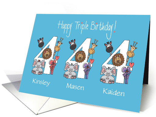 Birthday 4 Year Old Triplets, 2 Boys & 1 Girl with Custom Names card