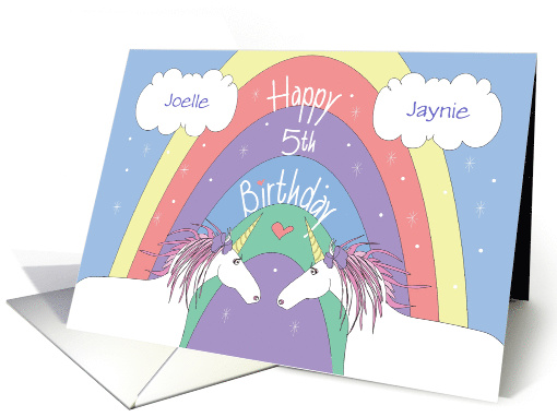 Birthday 5 Year Twin Girls, Magical Unicorns with Custom Names card