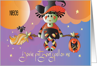 Halloween for Niece Little Witch on Broom in Hat with Jack O Lantern card