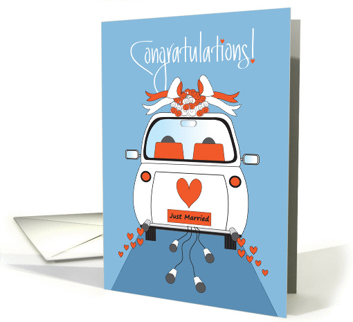 Elopement Congratulations, Car with Cans and Bridal Bouquet card