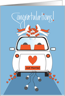 Elopement Congratulations, Car with Cans and Bridal Bouquet card