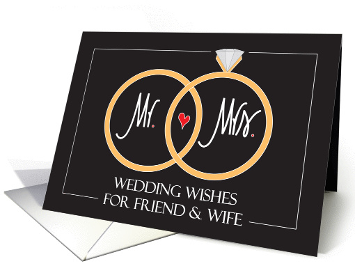 Wedding Friend and Wife, Golden Rings, Heart & Hand Lettering card