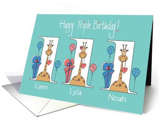 Birthday 1 Year Triplets, 2 Boys & 1 Girl with Personalized Names card